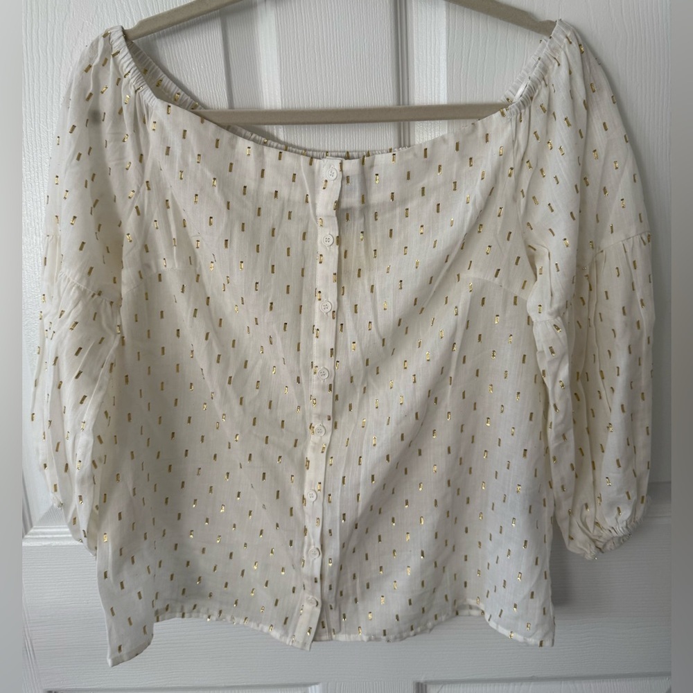 LUCKY BRAND NWT IVORY GOLD METALLIC OFF SHOULDER PEASANT BLOUSE SIZE S BOHO - Picture 7 of 11